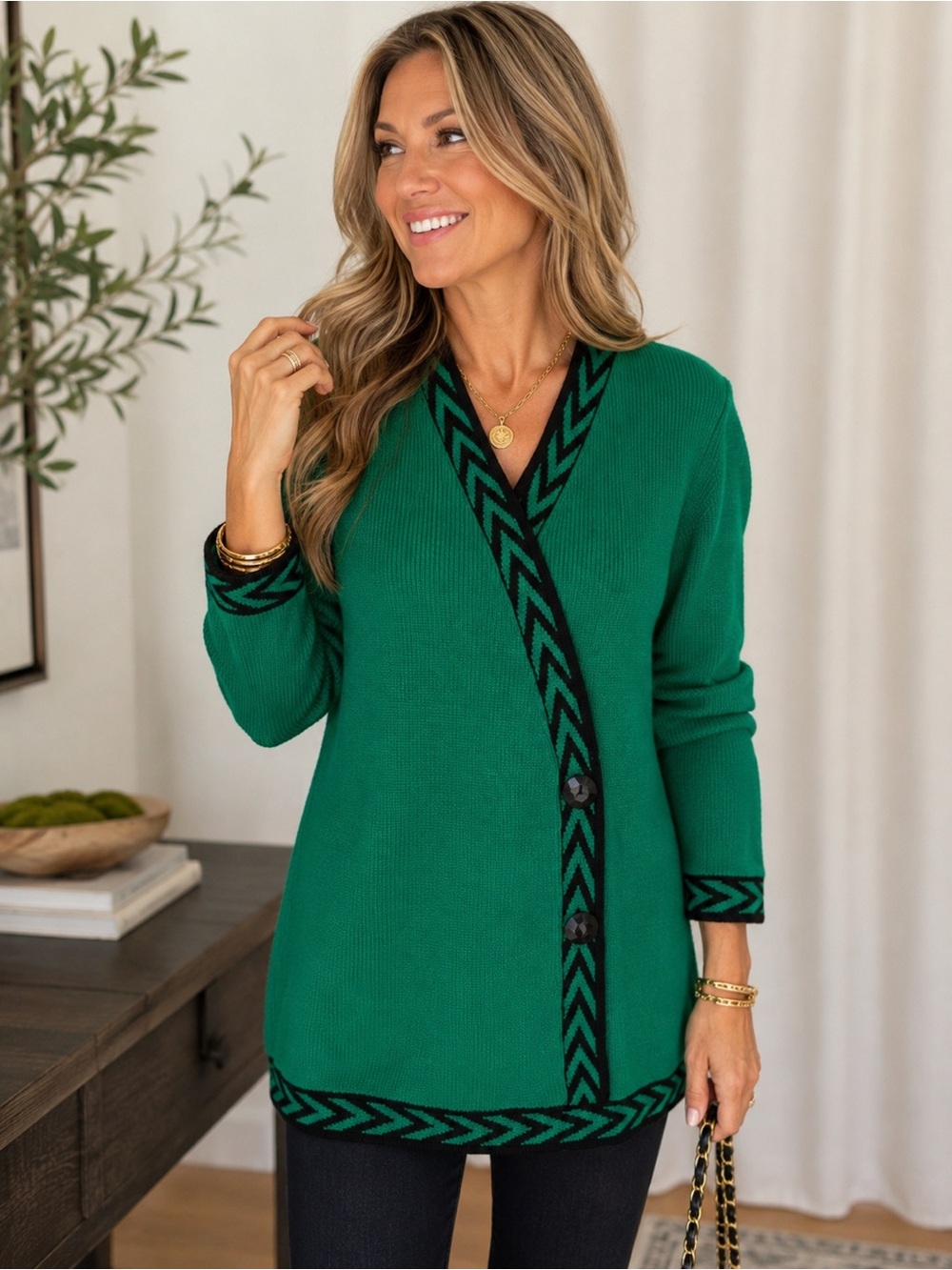Vintage 80s 90s Emerald Green Black Chevron Faux Wrap Tunic Sweater L